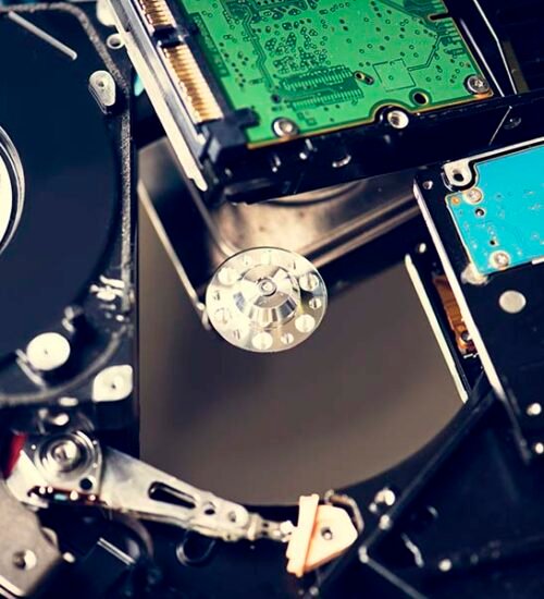 Closeup of computer hard disk drives